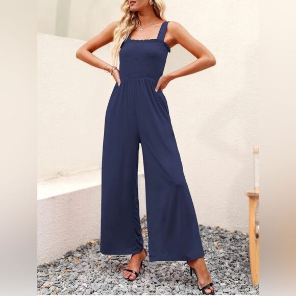 Women's Casual Loose Sleeveless Tank Jumpsuit Square Neck. Navy. Small. (87) - Picture 3 of 7